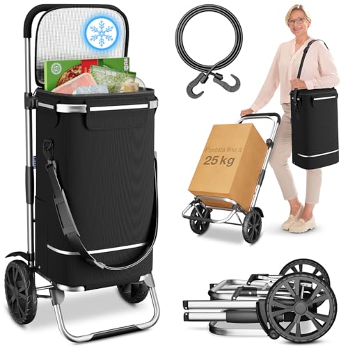 ELONEO Carrello per la Spesa su Ruote - Carrello Pieghevole 3 in 1 con Trolley Portapacchi, Borsa Portaspesa 43L con Tracolla e Scomparto Frigo (Nero, Frigo)