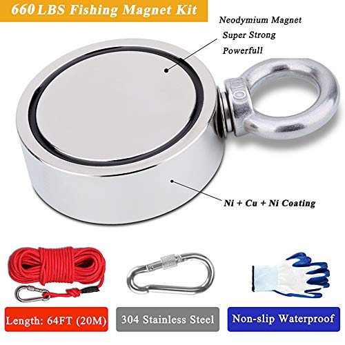 image for EVISWIY Fishing Magnets Double Sided 660LBS with Rope 65FT Carabiner G