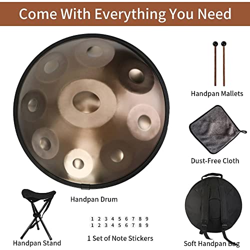 Eavnbaek Handpan Drum In D Minor 440Hz 9 Notes 22 Inches Steel Hand Drum, Hand Pan Drum Instrument With Soft Handpan Bag, 2 Handpan Mallets, Handpan Stand And Dust-Free Cloth (Gold) #TOP2