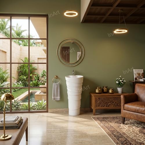 Image of InArt One Piece Ceramic Pedestal Free Standing Round Wash Basin for Living Room and Bathroom (15 x 15 x 34 Inch, White)