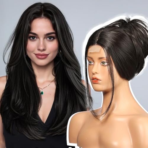 EMMOR Long Layered Wigs,Natural Central Lace Bob, Premium Heat-Resistant Synthetic Straight Wigs for Women Daily Use(Natural Black)