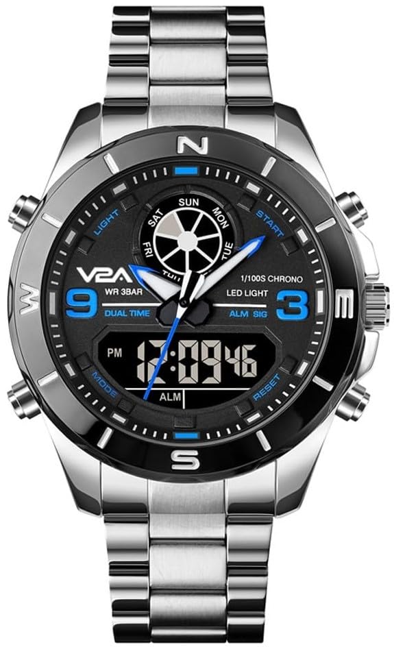 V2A Silver Blue Stainless Steel Analog Digital Watch for Men Multifunction 3 ATM Waterproof Latest Men’s Watch | Gifts for Men | Gift for Husband | Birthday Gifts (B0CJ3BDD5B) Amazon Price History, Amazon Price Tracker