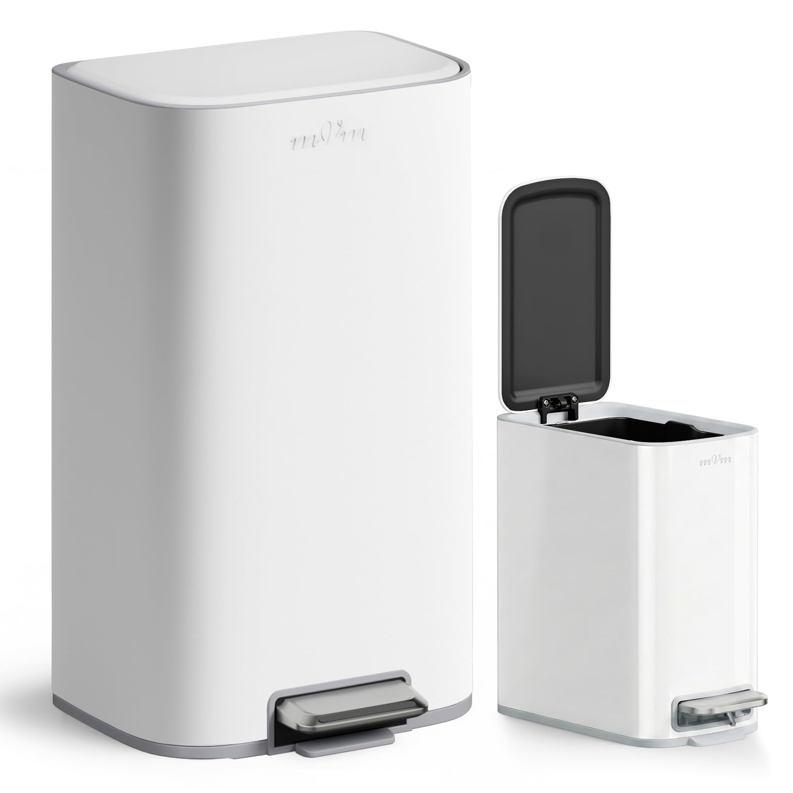 mVm Bathroom Pedal Bin, 6L Small Slim Stainless Steel Trash Can with Lid & Removable Inner Bucket, Fingerprint-Proof Compact Waste Bin for Bathroom, Bedroom & Office (2, White, 6L+30L)