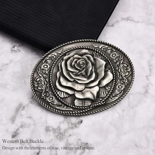 Image of Antique Rose Belt Buckles for Women Men Western Cowboy Cowgirl Floral Belt Buckle Christmas Halloween Gifts
