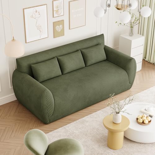 Vesgantti Corduroy 3 Seater Sofa, 200cm Upholstered Floor Sofa, Comfy Couch with 3 Supportive Pillows, No Assembly Required, Perfect for Living Room, Bedroom, Office, Small Space, 200L*94D*80Hcm,Green