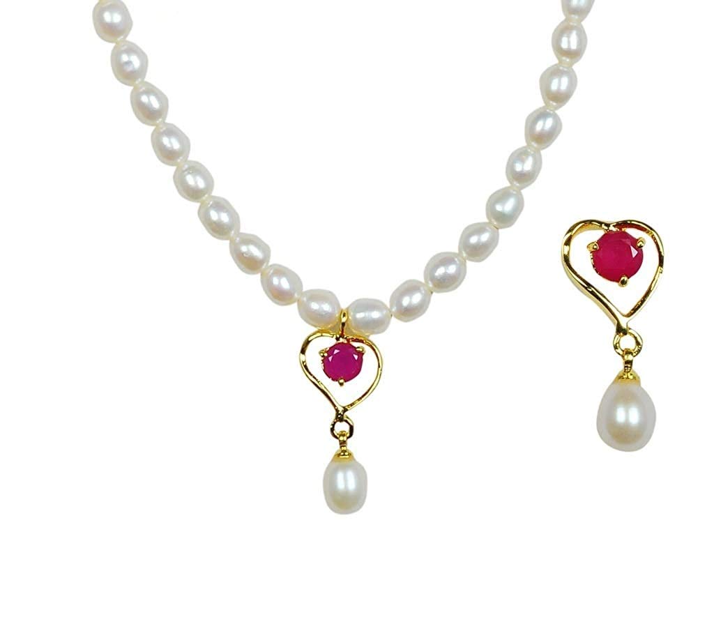 Sapels Certified White Pearl Jewellery Set with Heart Shape Gem Stone for Women and Girls