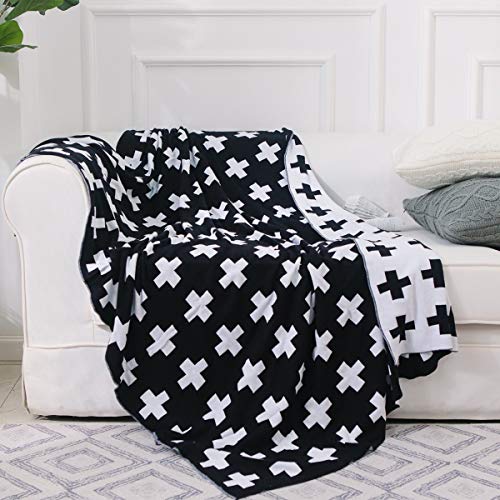DOKOT Black and White Throw Blanket, Swiss Cross Pattern Throw Blanket for Couch Sofa Chair Bed Office Home, 100% Cotton Knitted (51x63 inches, Swiss Cross)