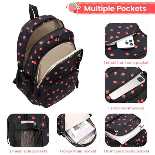 Image of Coquette Strawberry Backpack - Cute Kawaii Backpack Set Aesthetic Daypack Cute Rucksack (B02 Strawberry Black)