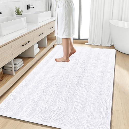 Image of Smiry Thick Chenille Large Bathroom Rugs 59x35, Extra Soft Absorbent Striped Bath Mat, Machine Washable, Rubber Backing, Bath Rugs for Bathroom, Tub & Shower, Home Decor Accessories, White