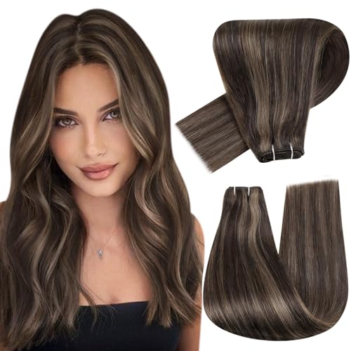 Hetto Sew in Hair Extensions Human Hair Weft Ash Brown Weft Hair Extensions Human Hair #2/8 Brown Highlighted Sew in Weave Human Hair Extensions 80g 14 Inch