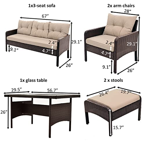 Merax 6-Piece Outdoor Patio Pe Wicker Rattan Sofa Set Patio Furniture Set With Glass Tea Table And Ottoman Stools For Backyard, Poolside, Deck, Coffee Cushions #TOP6