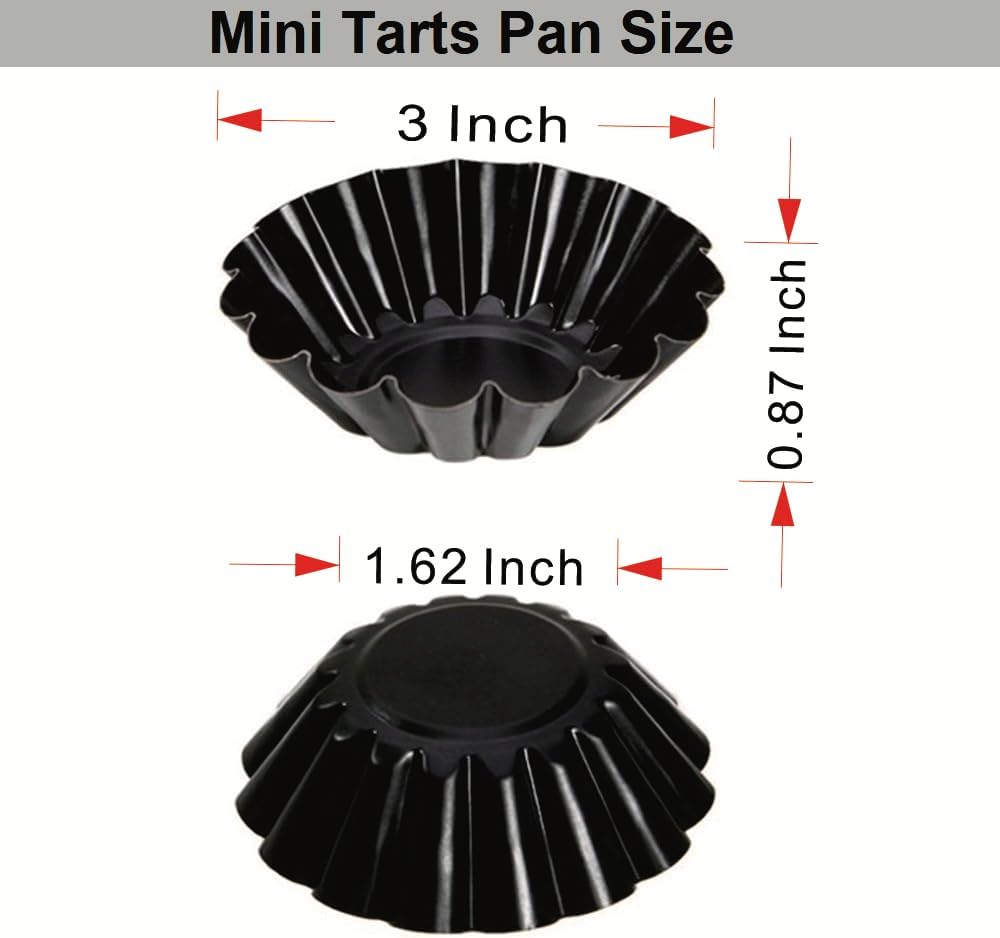 12-Pack 3 Inch Nonstick Mini Tart Pans Fluted Side for Pies Pan Round Deep Quiche Mold Heavy Duty Carbon Steel Baking Cupcake Egg Tarts Mousse Cakes Fruit and Desserts Molds for Oven