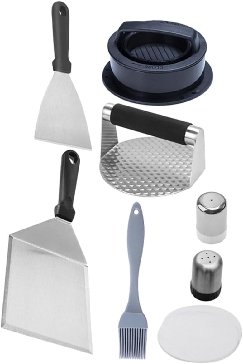Stainless Steel Grill Tool for Outdoor Barbecue Camping Includes Burger Press Multi-use Spatula Basting Food Brush with Comfortable Handle Easy to Clean and Store for Cooking