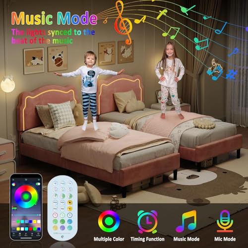 Image of GarveeHome Twin Upholstered Smart LED Bed Frame with Headboard, Velvet Princess Platform Bed Frame for Kids, Wooden Slats Support, No Box Spring Needed (Pink)