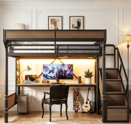 Image of Bellemave Full loft Bed with Storage Stairs, Wardrobe, Shelves, Metal Full Loft Bed Frame for Adults, Kids, Teens, Black+Natural Wood with Black Stairs