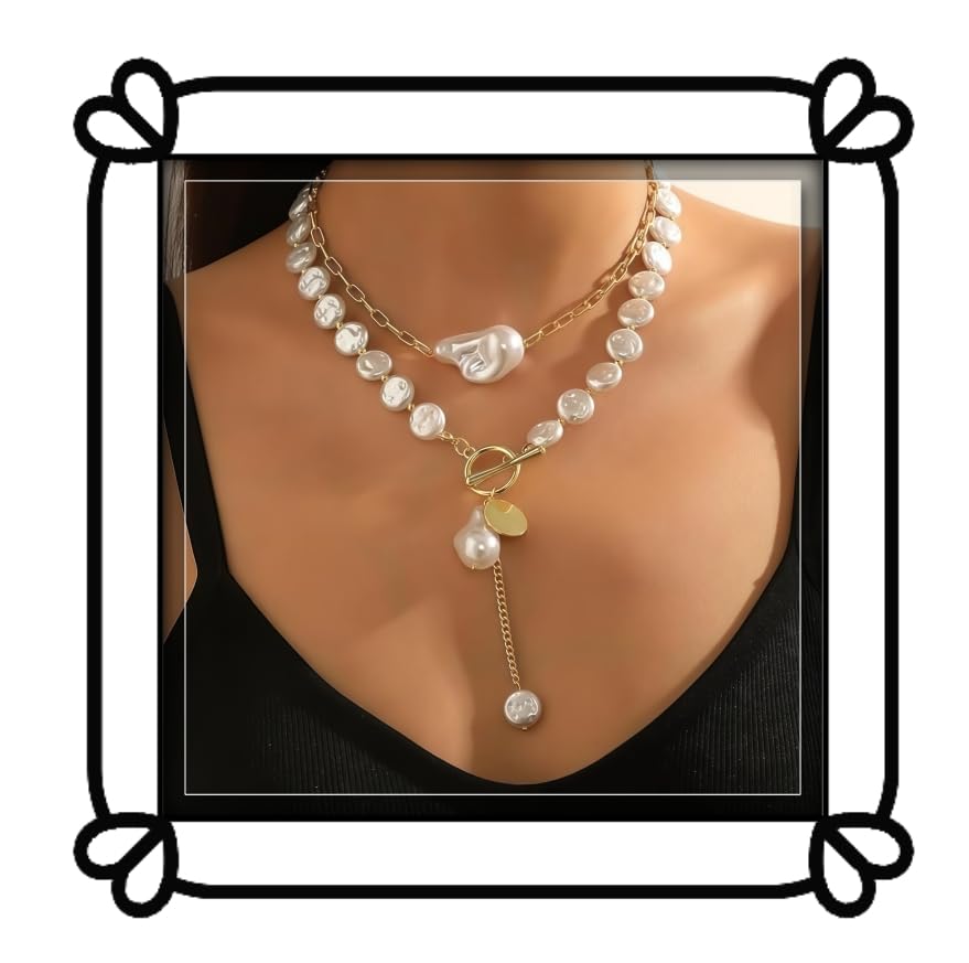 Collar en de perlas barrocas - Cadena de clip de oro combinada con perlas grandes irregulares - Estilo colgante en forma de Y