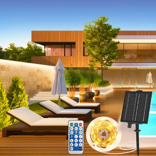 Aitesuo Solar LED Strip 3m, Warmweiß 3000K Solarbetriebene LED Streifen Außen mit Fernbedienung, Dimmbar, 90 LEDs, 8 Modi, Schneidbar, IP65 Wasserdicht, Lichtband Selbstklebend für Garten, Terrasse