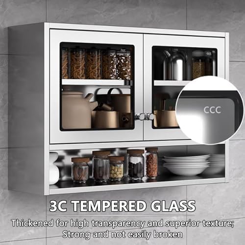 Adjustable Kitchen Wall Cabinet with 3 Tempered Glass Doors, Rustproof & Waterproof Storage Shelves, Space-Saving Organizer for Kitchen & Bathroom (80cm)