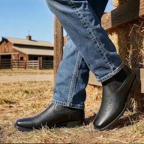Image of Chelsea Cowboy Boots for Men Western Square Toe Leather Dress Casual Work Ankle Boots Brown
