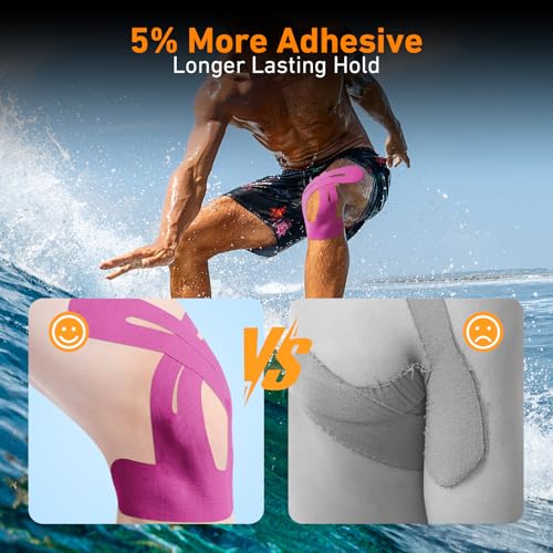 Image of PreCut Kinesiology Tape for Knees, 24PCS Waterproof KTQUICK Knee Tape for Knee Pain Relief Pre Cut, Original Cotton Athletic Knee Tape, Waterproof & Hypoallergenic Latex-Free for Sports (Pink)