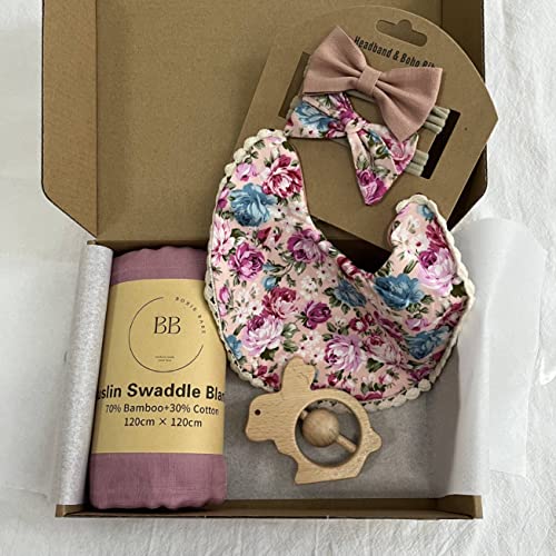 Boxie Babe Boho Baby Gift Box Baby Girl Bib Gift Set Baby Shower Montessori, Berry, Pink, Pack Of 5 (F03) #TOP1