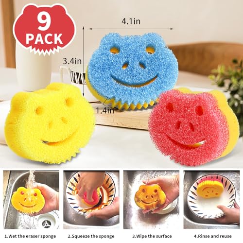 Image of 9 Pack Scrub Sponge, Dual-Sided Temperature Controlled Kitchen Sponge for Dishes,Cute Frog Scrub Sponges Household Cleaning Pads Bathroom Wall Cleaner Multi-Functional Cleaning Sponges