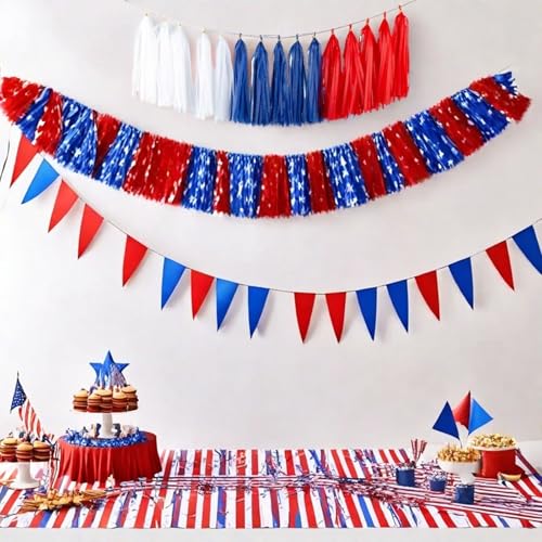 Image of 15pcs Red Blue White Tassel Garland Banner Tissue Paper Tassels for 4th /Fourth of July Patriotic Decorations