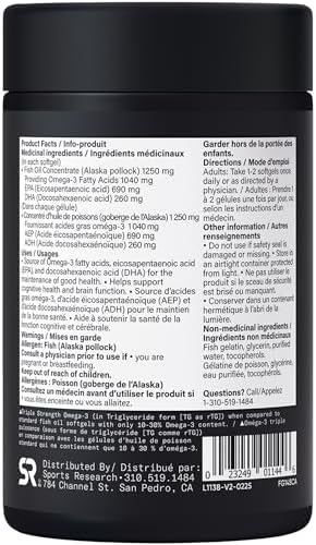 Sports Research® Triple Strength Omega 3 Fish Oil - Burpless Fish Oil Supplement w/EPA & DHA Fatty Acids from Wild Alaskan Pollock - Heart, Brain & Immune Support for Men & Women - 1250 mg, 30 count — view 6