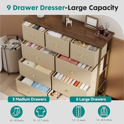 Image of OLIXIS 9 Drawer Storage Dresser with Wood Top - Wide Fabric Chest Organizer for Bedroom, Closet, Living Room,Tower Cabinet, TV Stand, Hallway Entryway Furniture,Khaki