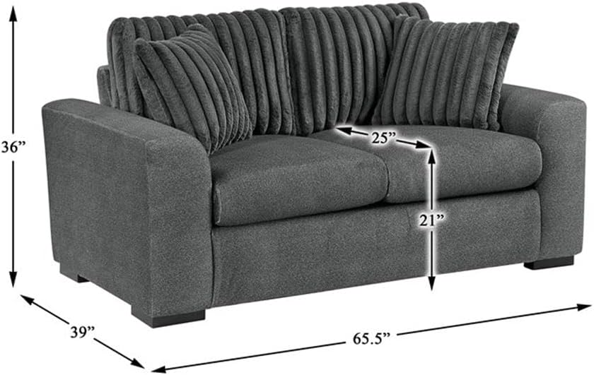 Pemberly Row Textured Microfiber and Corduroy Loveseat, Dark Gray Upholstery, Solid Wood Feet, High-Density Foam Cushioning, Reversible Cushions, Two Matching Pillows Included, Cozy Living Room