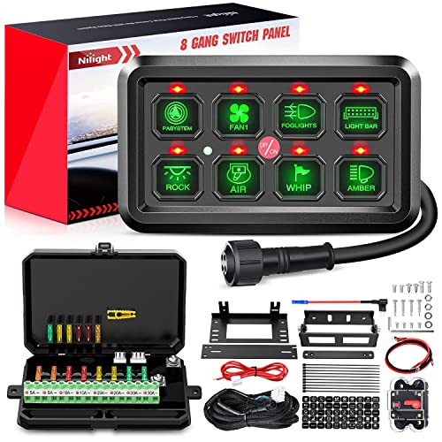 Image of Nilight 8 Gang Switch Panel System Circuit Control Relay System Fuse Wiring Harness Automatic Dimmable ON Off LED Switch Pod for 12V Cars Trucks Campers SUV, 2 Years Warranty | Universal Circuit Control Fuse Wiring Harness ON Off Green Backlit LED Pod for 12V Cars Trucks Boats Campers SUV