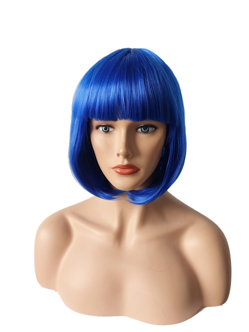 Women Short Straight Blue Bob Multifunction Cosplay Wig, Flat Bangs Wig