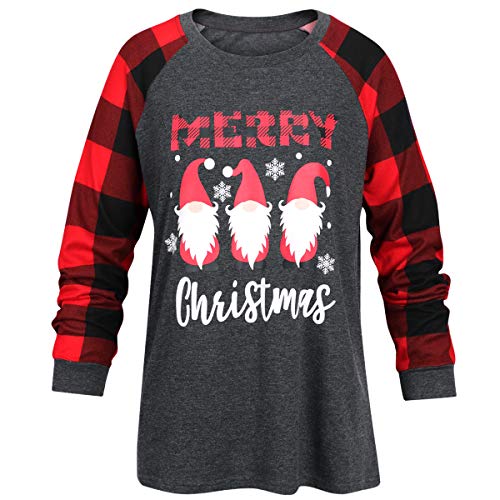 Merry Christmas Santa Graphic Cute Shirt Womens Plaid Splicing Long Sleeve Raglan Tees Baseball Tops Black Red