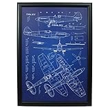 Livré pré-encadré. Epic Militaria Œuvre d\'art vintage Supermarine Spitfire Mk XIV Blueprint de la Seconde Guerre mondiale (Bleu)