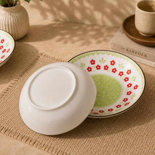 Image of Ceramic Pasta Plates, Green Floral Printed Deep Dinner Plates, Serving Plates, Microwave & Dishwasher Safe, Ceramic Plates for Pasta, Salad, Noodles & Biryani (Green & Red Floral Design, PACK OF 2)