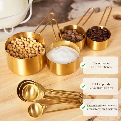 Golden 304 Stainless Steel Measuring Cups and Spoons Set,8PCS Stackable & Long Handle Fits Narrow Jars, Premium Gold Kitchen Accessories for Liquid & Dry Ingredients Baking Cooking, Durable&Rust-Proof by DN DECONATION - Image 6