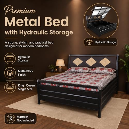 Image of King Size 6X6 Metal Hydraulic Storage Bed - Matte Black Finish, No Mattress Included (75X72 INCH)