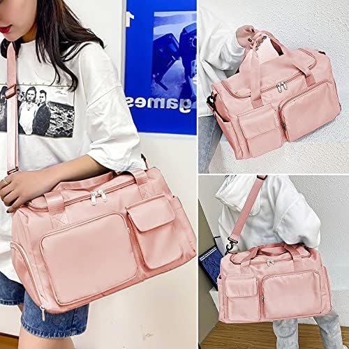 JUNHE Foldable Travel Duffel Bag Tote Carry on Luggage Sport Duffle Weekender Camping Gym Packable Lightweight Overnight for Women and men with Water-Resistant Shoes Compartment Unisex(Pink) 7 JUNHE Foldable Travel Duffel Bag Tote Carry on Luggage Sport Duffle Weekender Camping Gym Packable Lightweight Overnight for Women and men with Water-Resistant Shoes Compartment Unisex(Pink)