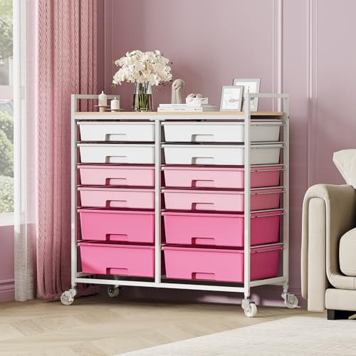 Rolling Storage Cart with 12 Drawers, Wooden Tabletop Utility Cart for Craft Storage, Art Supply Storage & Home Office Organization, Teacher Cart with Wheels for Classroom Organization, School by TOOLF - Image 9