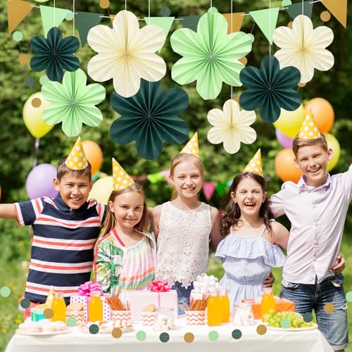 Image of Sage Green Birthday Decoration Green Plant Party Decorations Set | with Hanging Paper Flowers Tassel Garland and Swirls Sage Green Party Decoration for Women Girls Classroom Party Decor