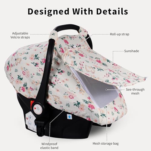 Image of Rquite Car Seat Cover Baby, Carseat Covers Girl Boy, Breathable Muslin Cotton, Large Mesh Window, Infant Car Seat Canopy Baby Carrier Cover Stroller Sun Shade for Summer & Hot Day