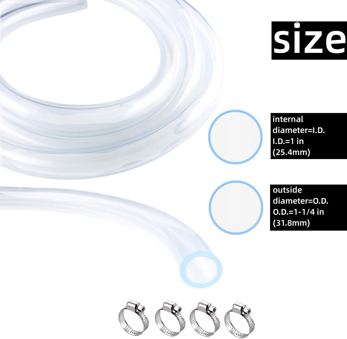 PVC Tubing 1" ID x 1-1/4" OD - 10 ft Clear Vinyl Tubing with 4 Stainless Clamps, Low Pressure Flexible PVC Tube, Lightweight Plastic Vinyl Hose for Transfer Water Air Oil.