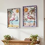 Newinhome Metal Wall Art Flamingo Tropical Boho Wall Decor 2 Pack, Flamingo Hanging Artwork, Bird Wall Decor, Bohemian Wall Decor for Living Room Bathroom Bedroom Housewarming Gift