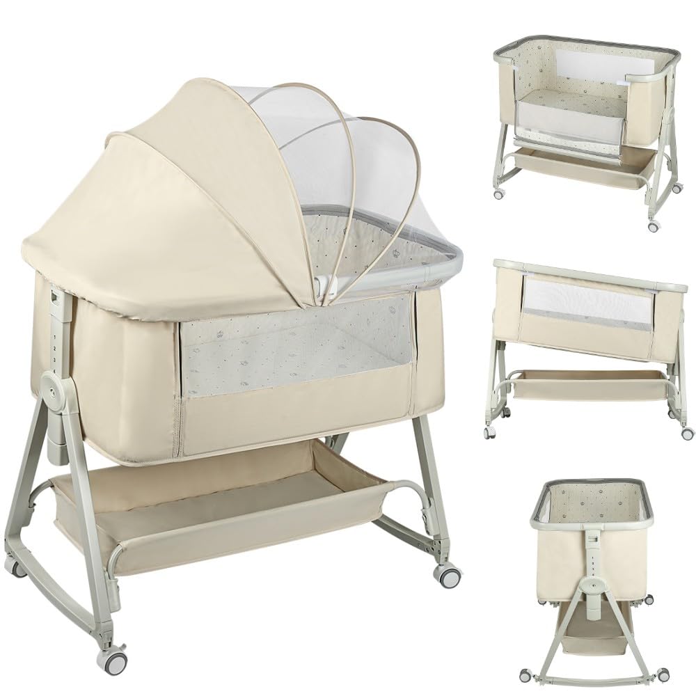 Berceau Cododo pour Bébé 3 en 1, Réglable en Hauteur et Inclinaison, avec Matelas Moelleux et Moustiquaire, 4 Roues, 1-36 Mois Kaki 50x91x68-81cm