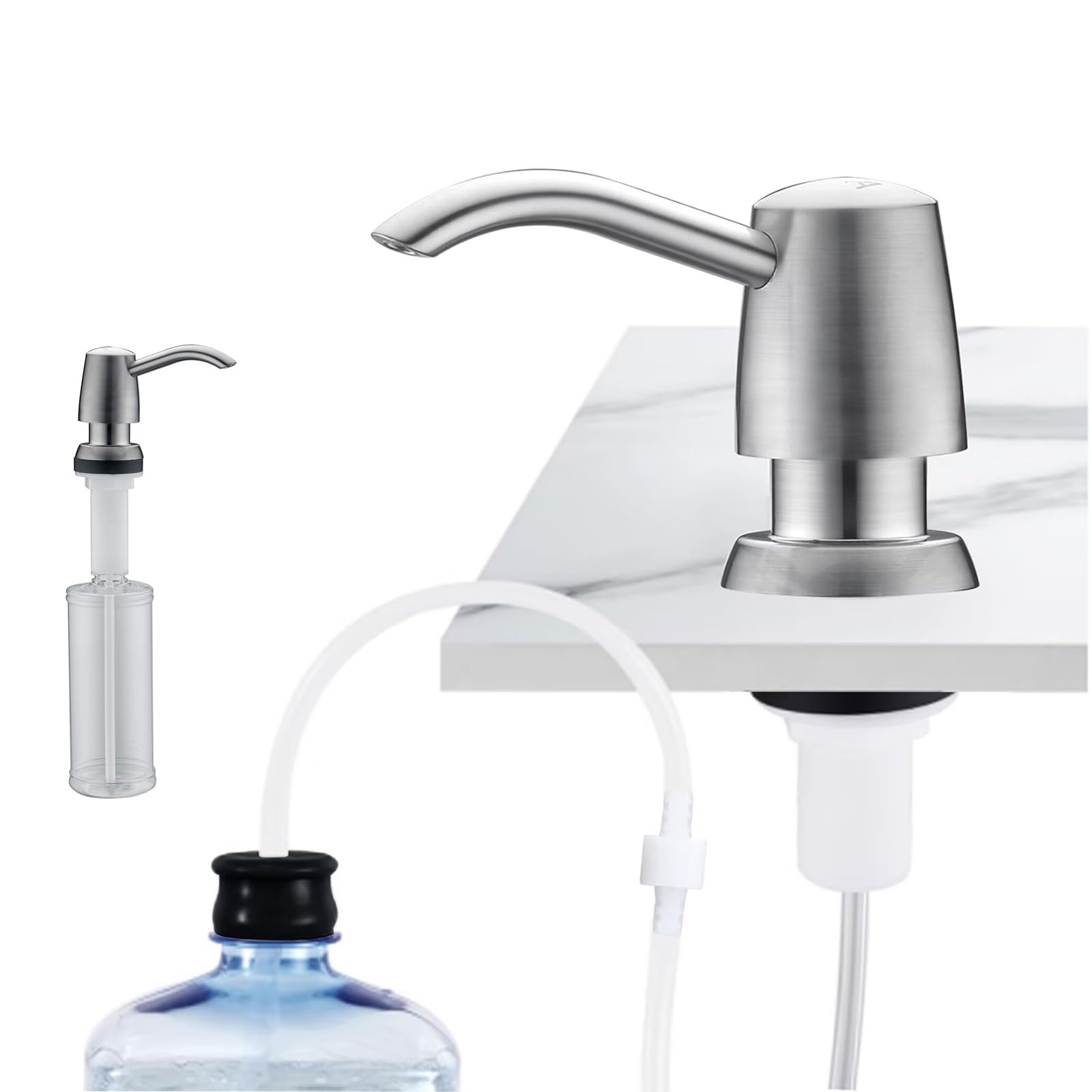 Avola Built in Kitchen Sink Soap Dispenser or Lotion Dispenser for Kitchen Sink, Brushed Nickel ABS Pump Head with PET Bottle and 47" Under Counter