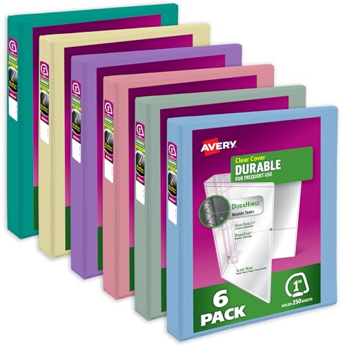 Image of Avery Durable View 3 Ring Binders, 1 Inch Slant Rings, 250-Sheet Capacity, Assorted Pastel Colors, 6-Pack (05632) - for School, Office, Teachers, Classrooms & Home Organization