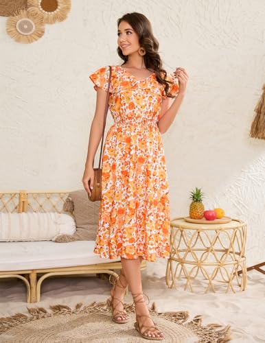 Image of Bridesmay Womens Summer Floral Midi Dresses Ruffle Sleeve Beach Wedding Guest Dress V Neck Swing Flowy Dresses