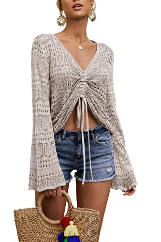 Image of Saodimallsu Womens Boho Off Shoulder Sheer Crop Tops Bell Sleeve Flowy Oversized Crochet Ruched Pullover Sweaters
