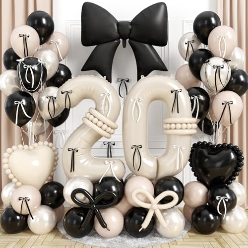 Beige 20 Balloon Number, 20th Birthday Decorations for Her, Double Stuff Pearl White Black Cream Latex Balloon Bow Heart Foil Balloon for Women Girls Coquette 20th Birthday Anniversary Party Decor