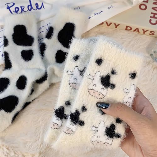 Lefe Liee Fuzzy Cow Print Socks for Women - Warm, Thick, Cozy Slouchy Slipper Socks - Fall Gifts, Cow Themed Gifts2